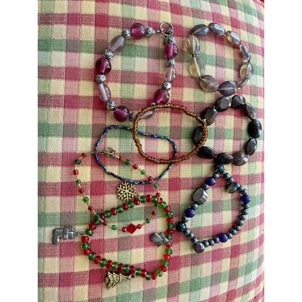 Beaded Bracelet Jewelry Lot Glass Crystal Purple Brown Red Green Christmas Boho